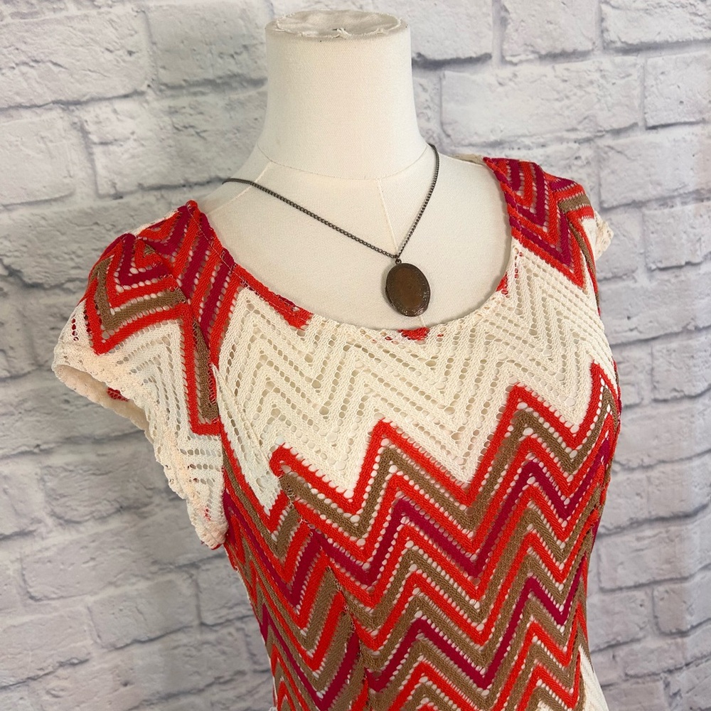Sharagano Crochet Midi Dress Chevron Red Cream Italy Coastal Travel Vacay Boho - Picture 4 of 15